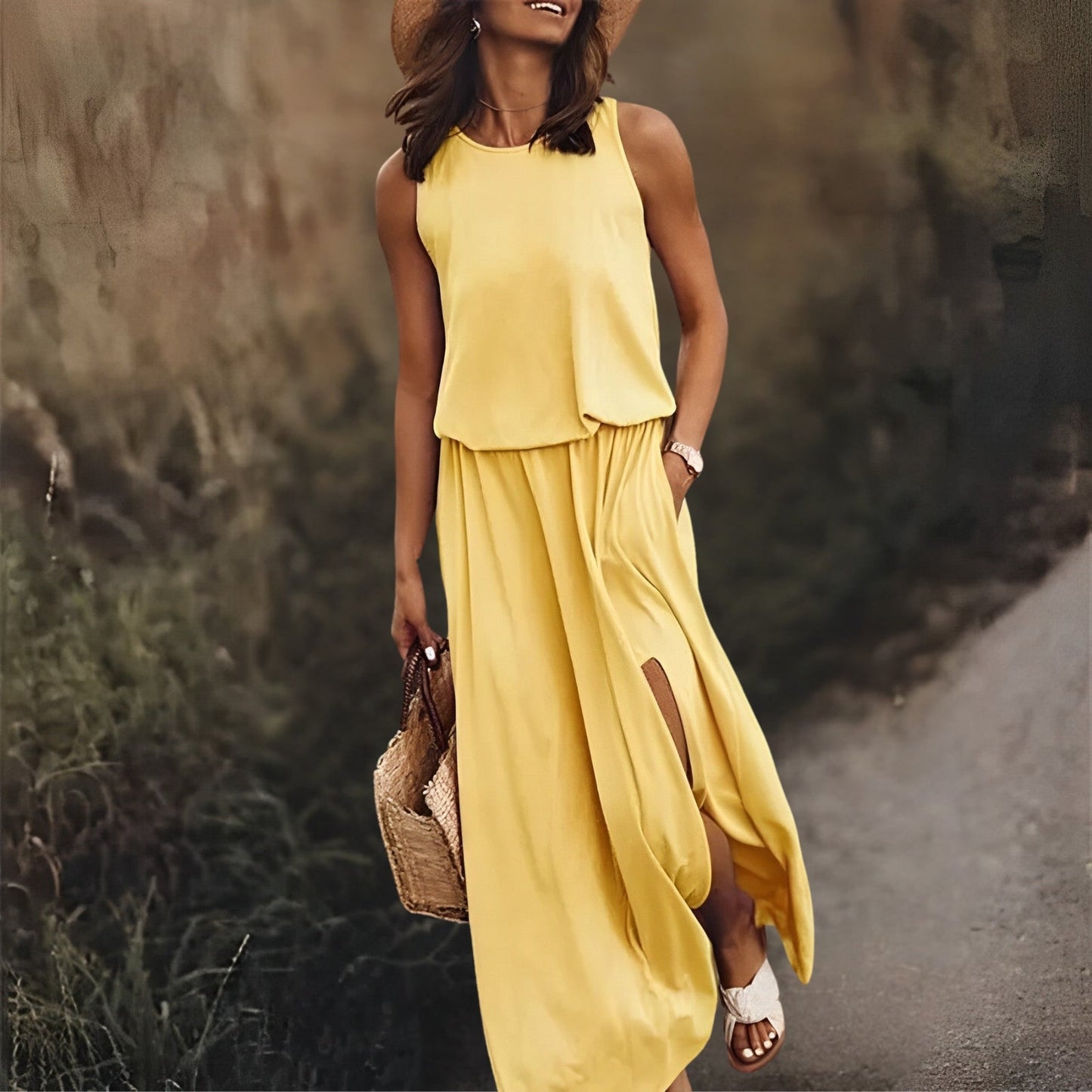 Abito Donna con Spacco e Tasche Doppie