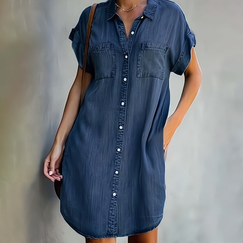 Abito Denim Donna Manica Corta con Bottoni Frontali