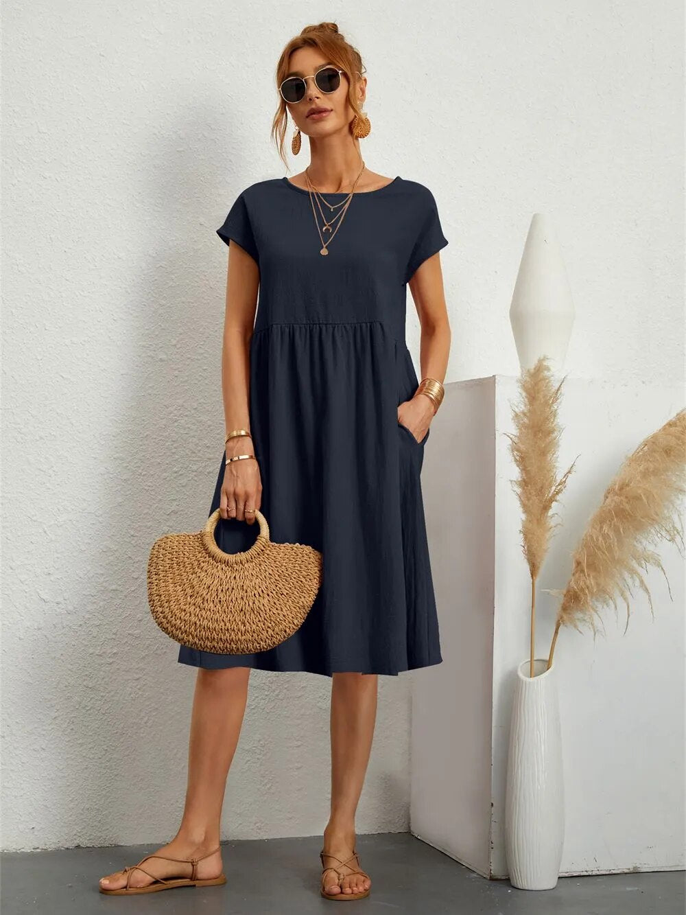 Abito Midi Donna Manica Corta Tasche Casual