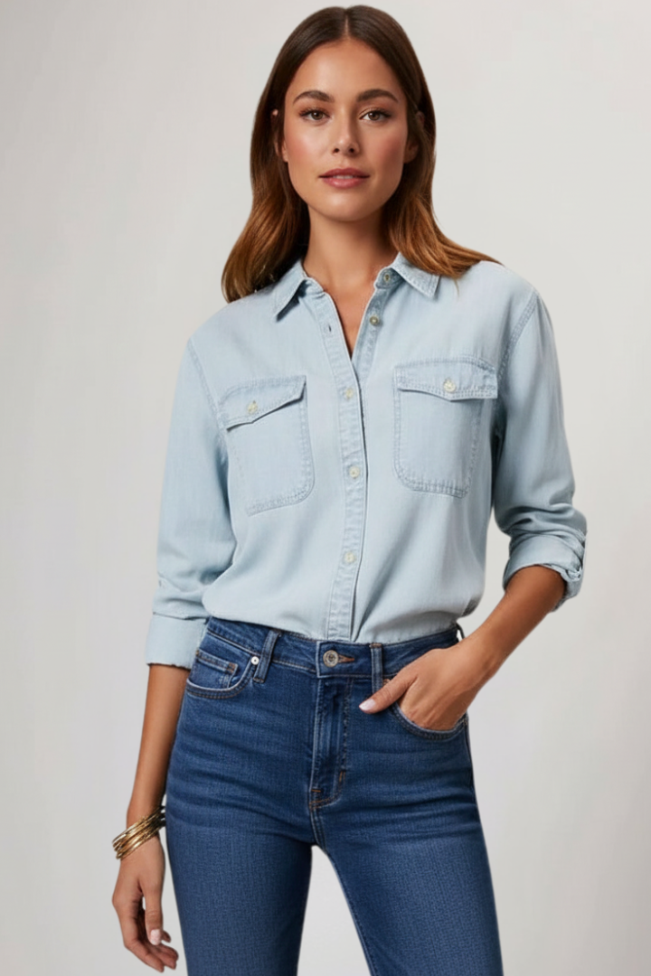 Camicia Jeans Donna con Bottoni Frontali e Maniche Lunghe