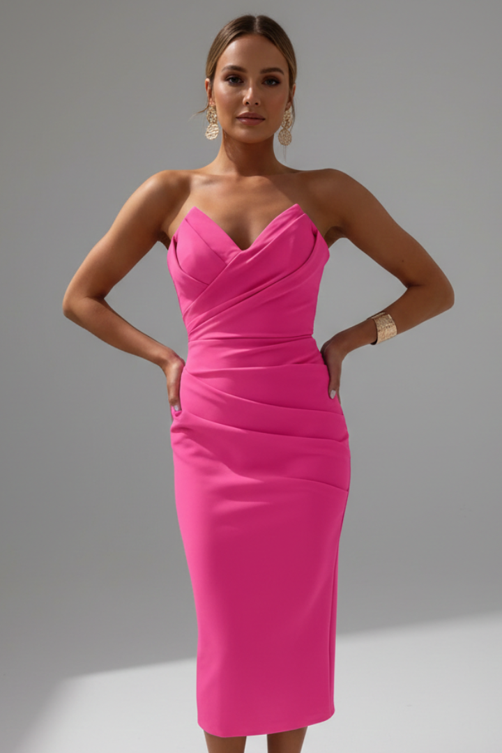 Abito Donna Smanicato Scollo Strapless Gonna Arricciata