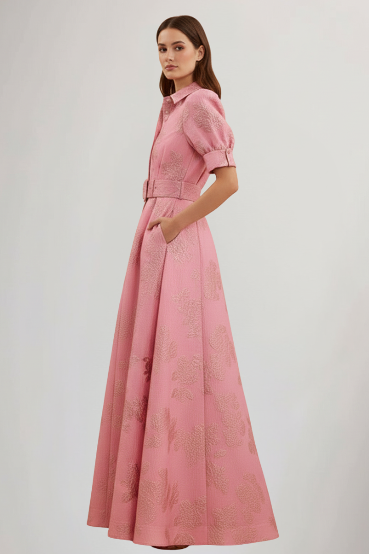 Abito Maxi Donna con Cintura e Manica Corta