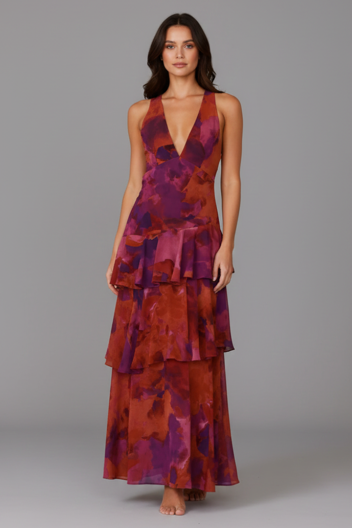 Abito Maxi Donna con Gonna a Balze e Scollo a V