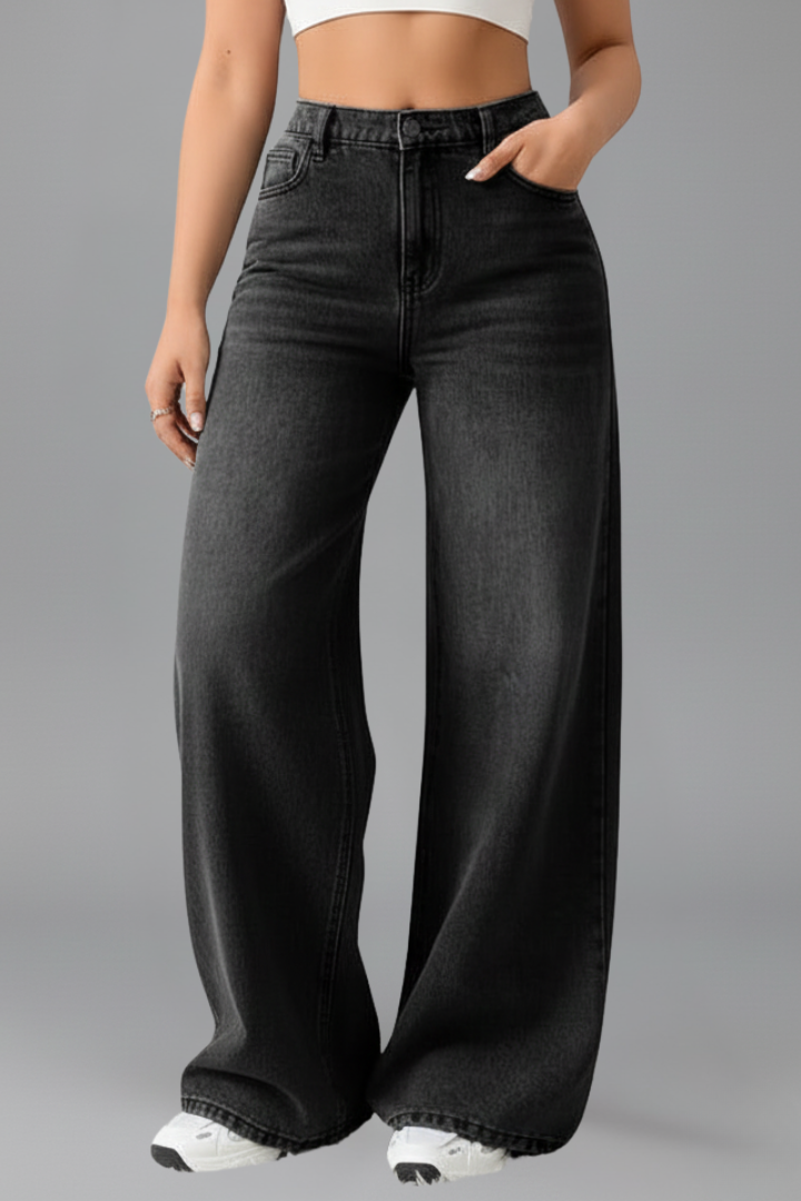Jeans Donna Denim Vita Alta Gamba Larga