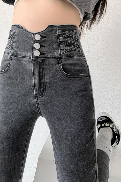 Jeans Skinny Donna Vita Alta Bottoni Vintage