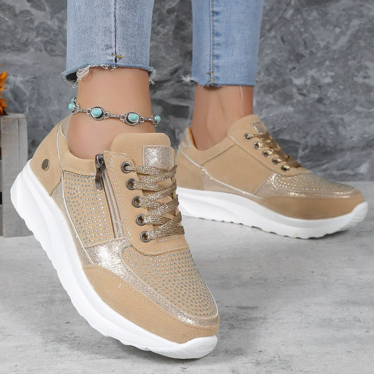 Sneaker Donna Plateau con Lacci e Zip Moda