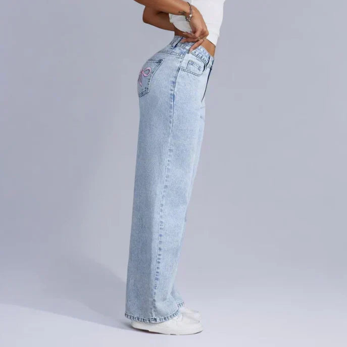 Jeans Donna Gamba Larga con Dettagli Fiocco in Vita