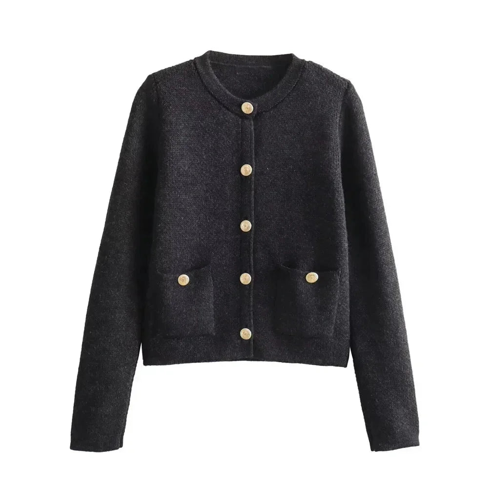 Cardigan noir pour femme, tricoté, avec boutons, design classique et polyvalent, facile à assortir.