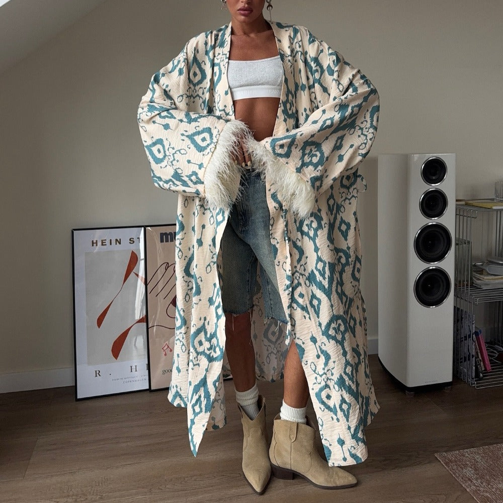 Kimono Maxicappotto Donna Stampa Leggera Manica a Piuma