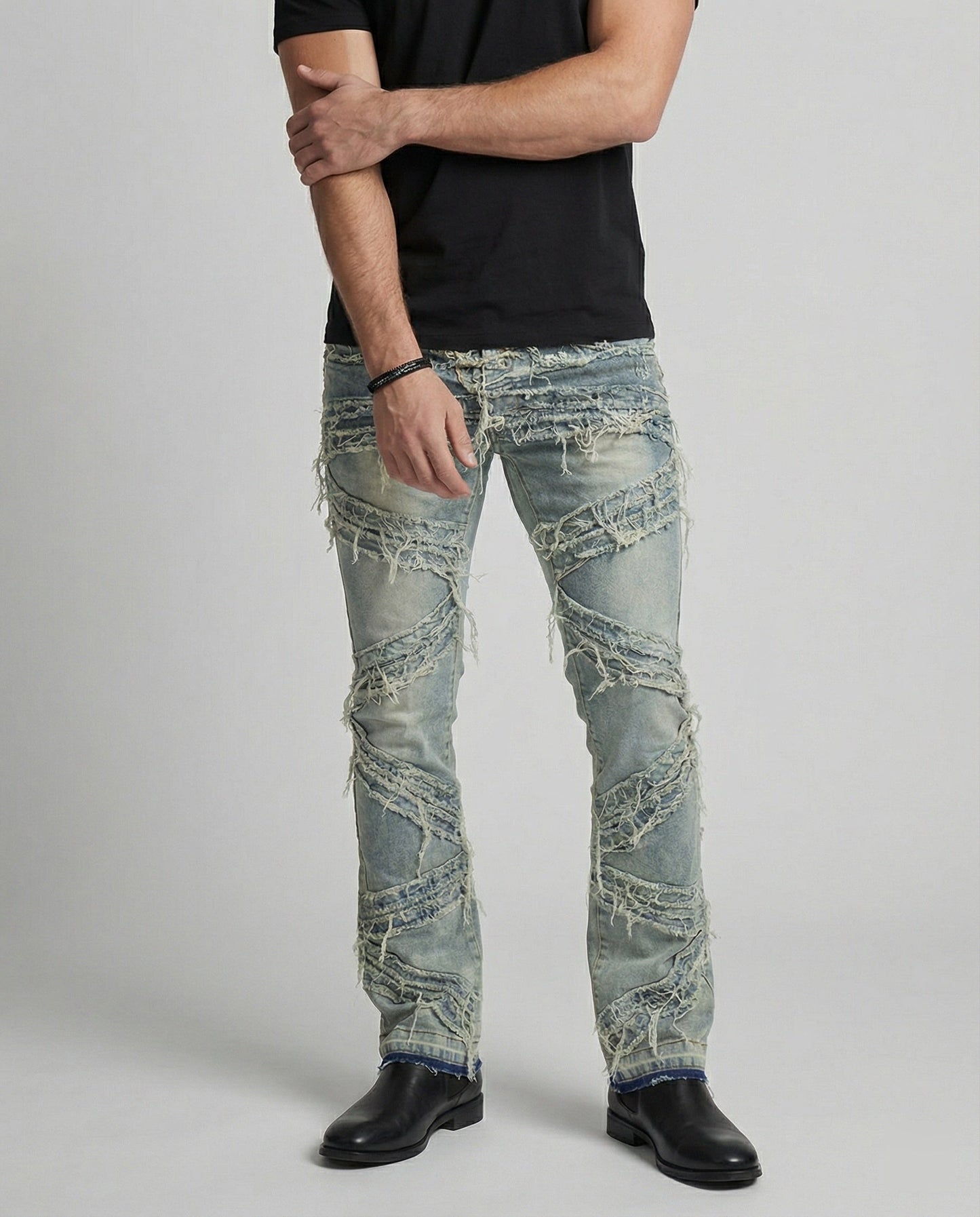 Jeans Uomo Denim Strappato Taglio Dritto