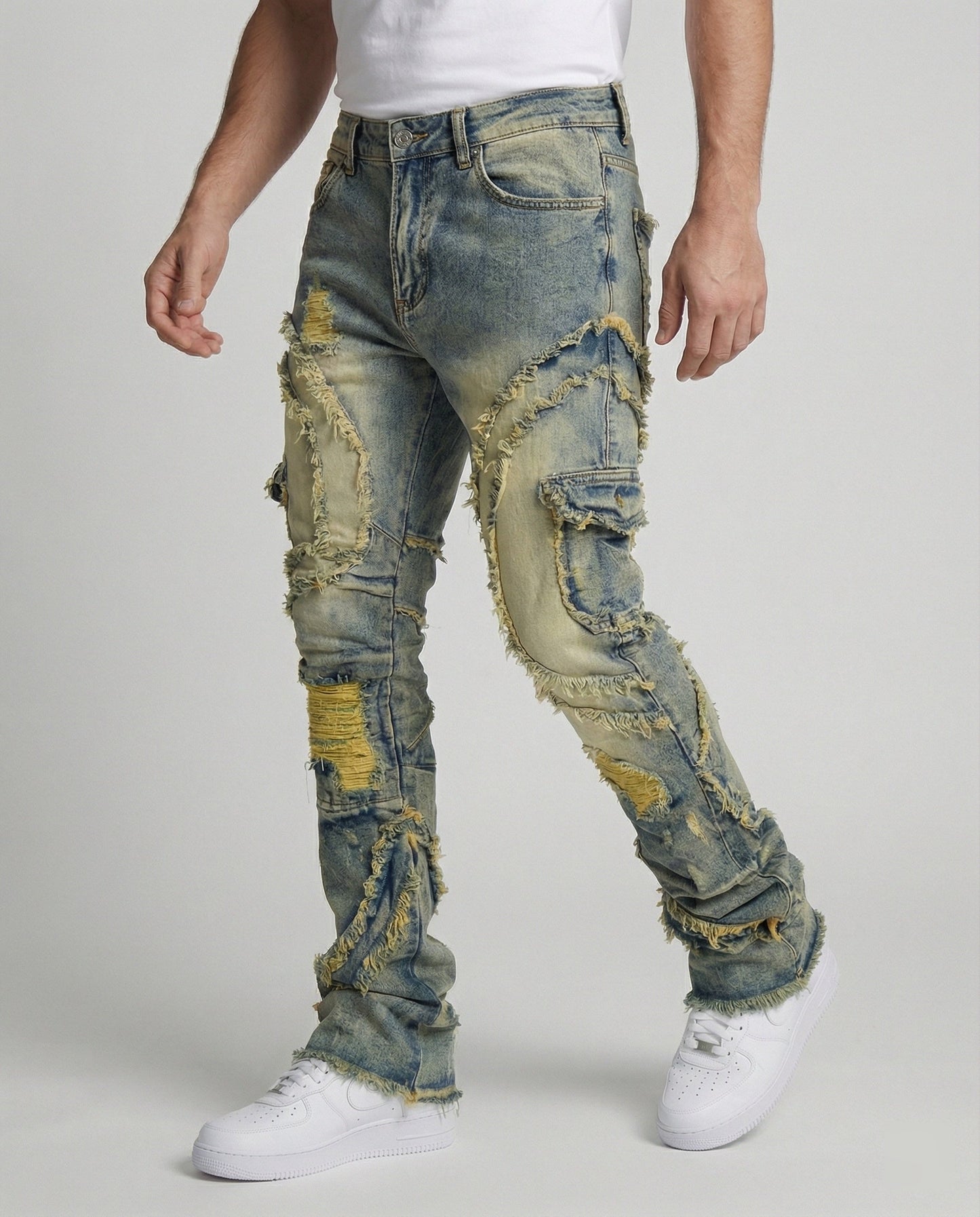 Jeans Uomo Strappati con Tasche Cargo Regular Fit