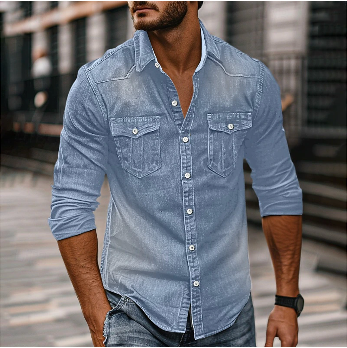 Camicia Uomo Tasche con Bottoni Stile Casual