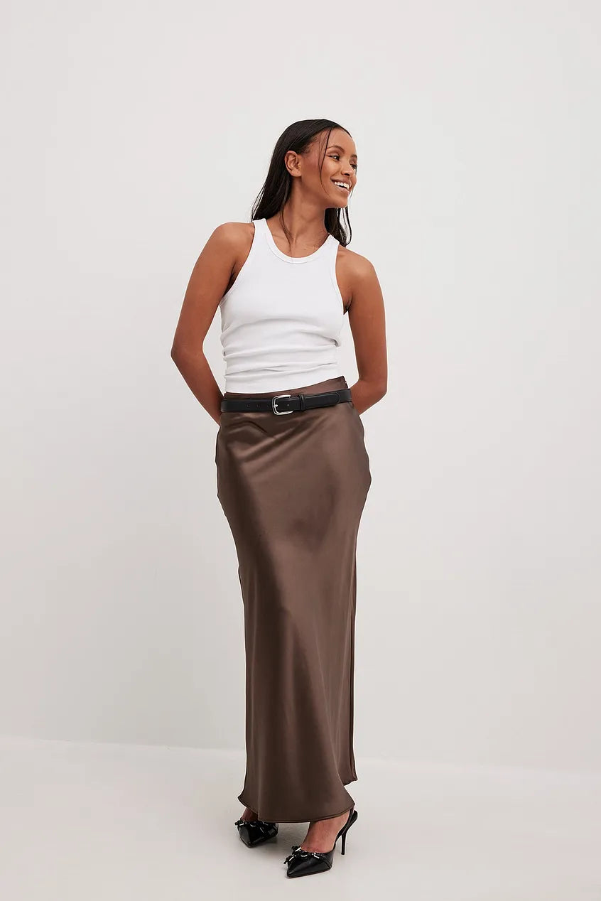Gonna Midi Donna in Satin Vita Alta Elegante