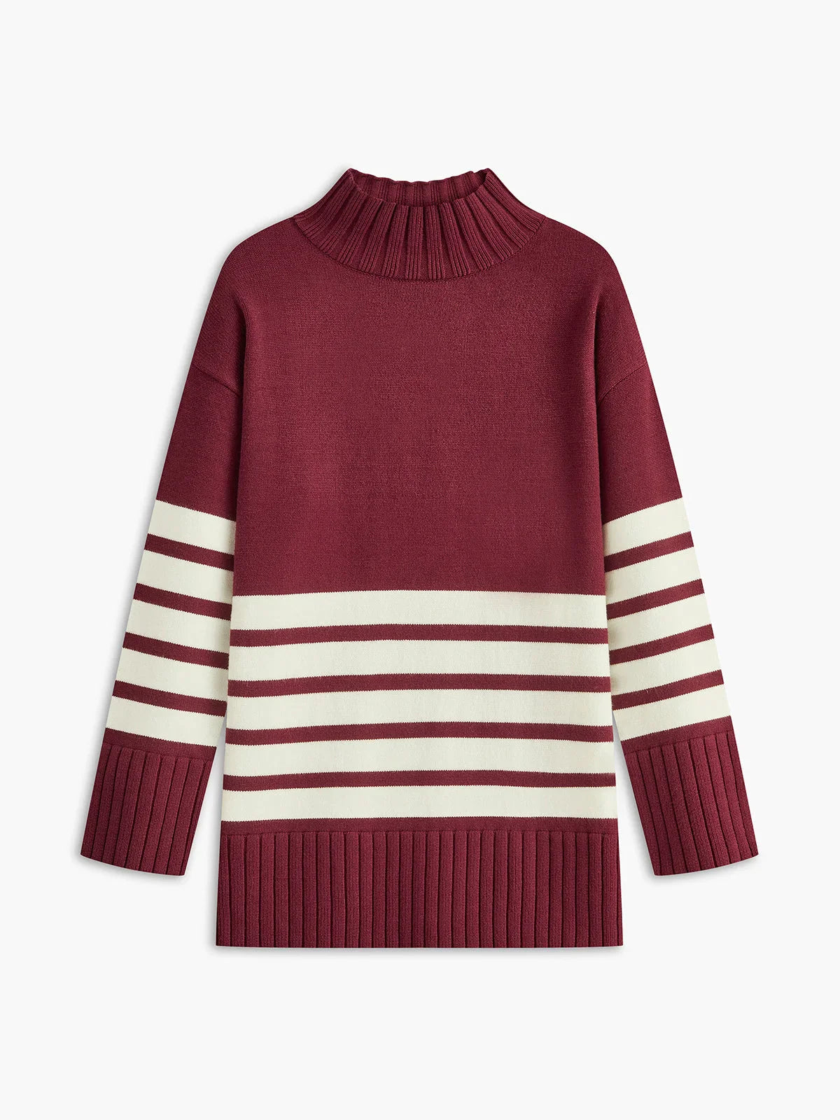 Pull à col montant rayé pour femme, en coton doux, parfait pour les journées fraîches.