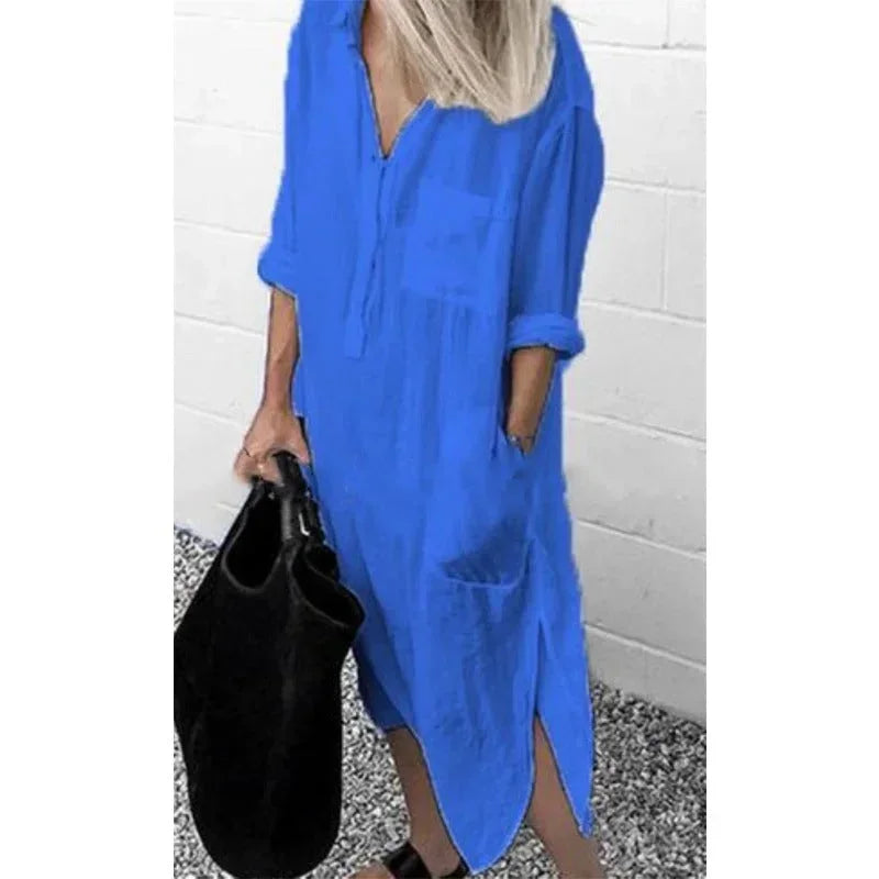 Robe longue en lin bleu pour femme, ample avec poches pratiques, parfaite pour les journées d'été décontractées.