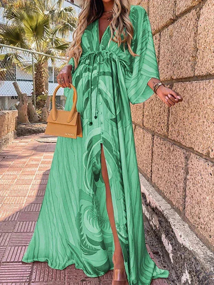 Robe longue femme en tissu léger, à motifs colorés, avec ceinture ajustable et manches longues, couleur vert.