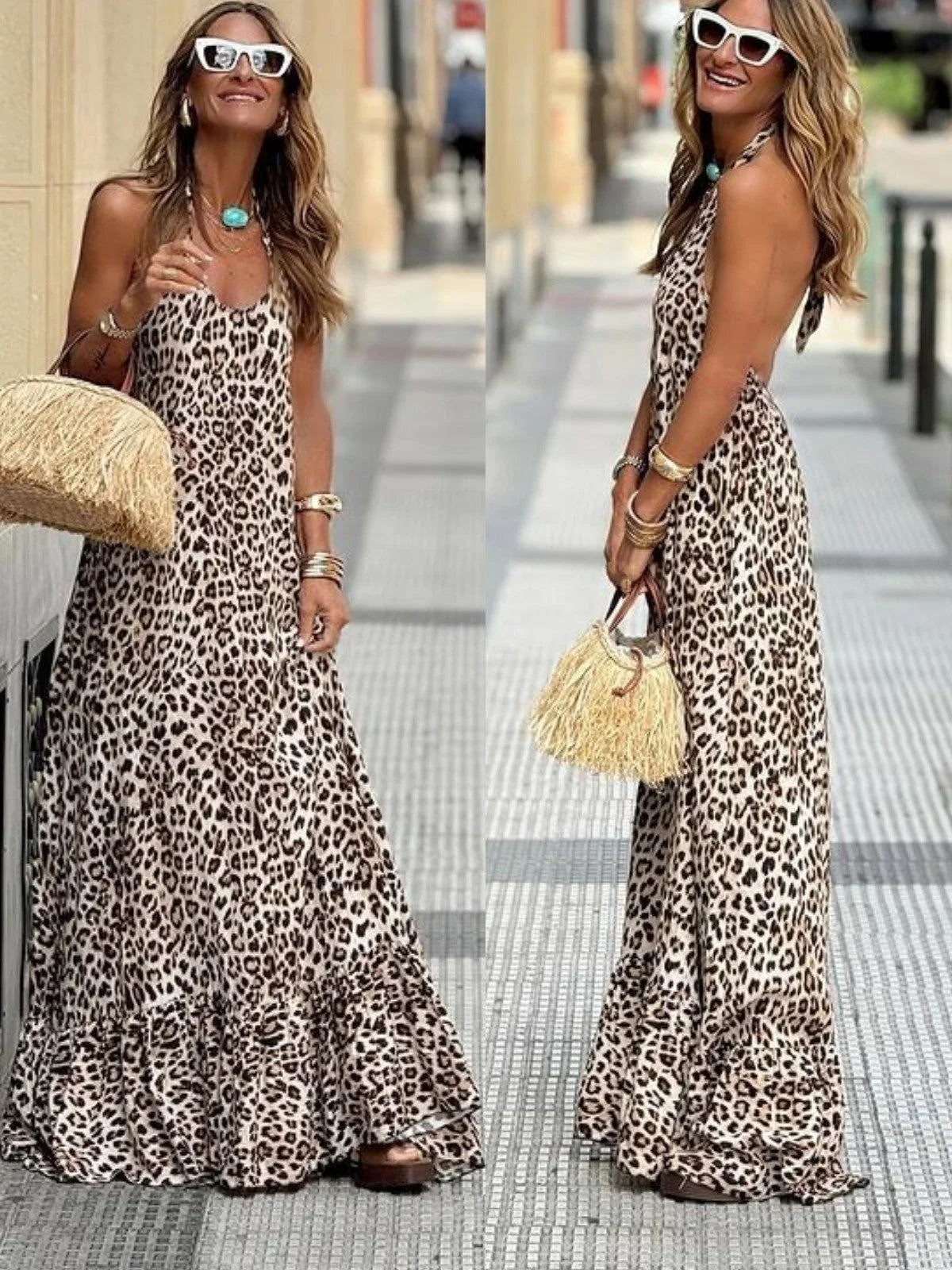 Robe longue sans manches en tissu léger léopard, avec volants pour un style décontracté parfait pour l'été.