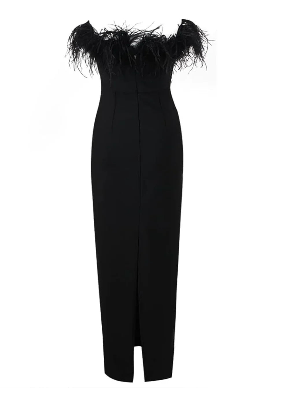 Robe longue noire sans bretelles, en tissu léger, avec une bordure en plumes élégantes, idéale pour les soirées.