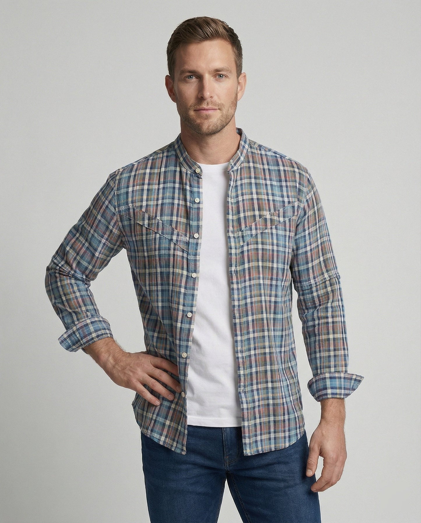 Camicia Uomo Manica Lunga Collo Coreano Quadri