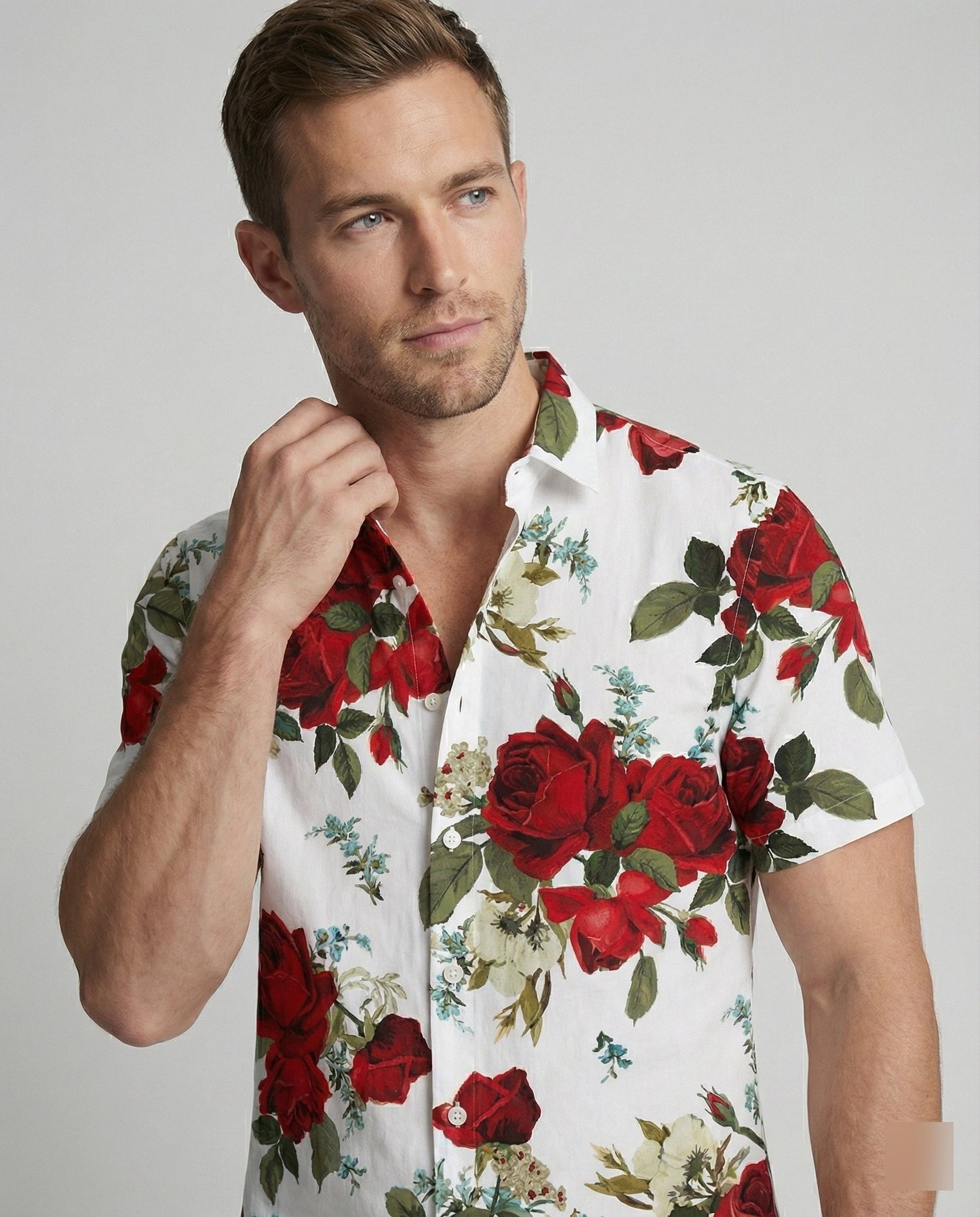 Camicia Uomo Manica Corta Fantasia Floreale Effetto Lino
