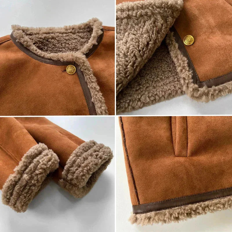 Veste femme marron en suédine avec boutons sur le devant et coupe classique.