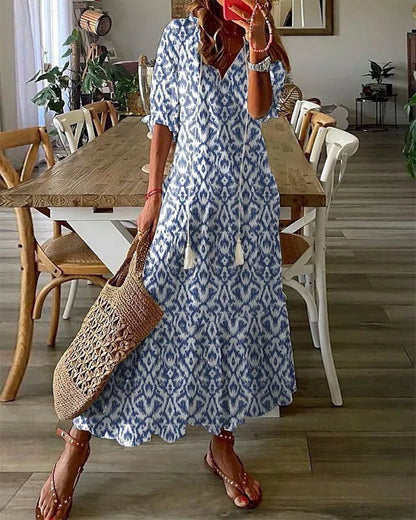 Abito Maxi Donna Scollo a V Stampa Fluida - Brentozzi