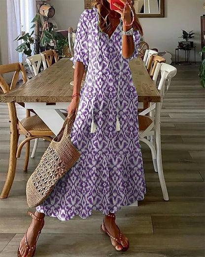 Abito Maxi Donna Scollo a V Stampa Fluida