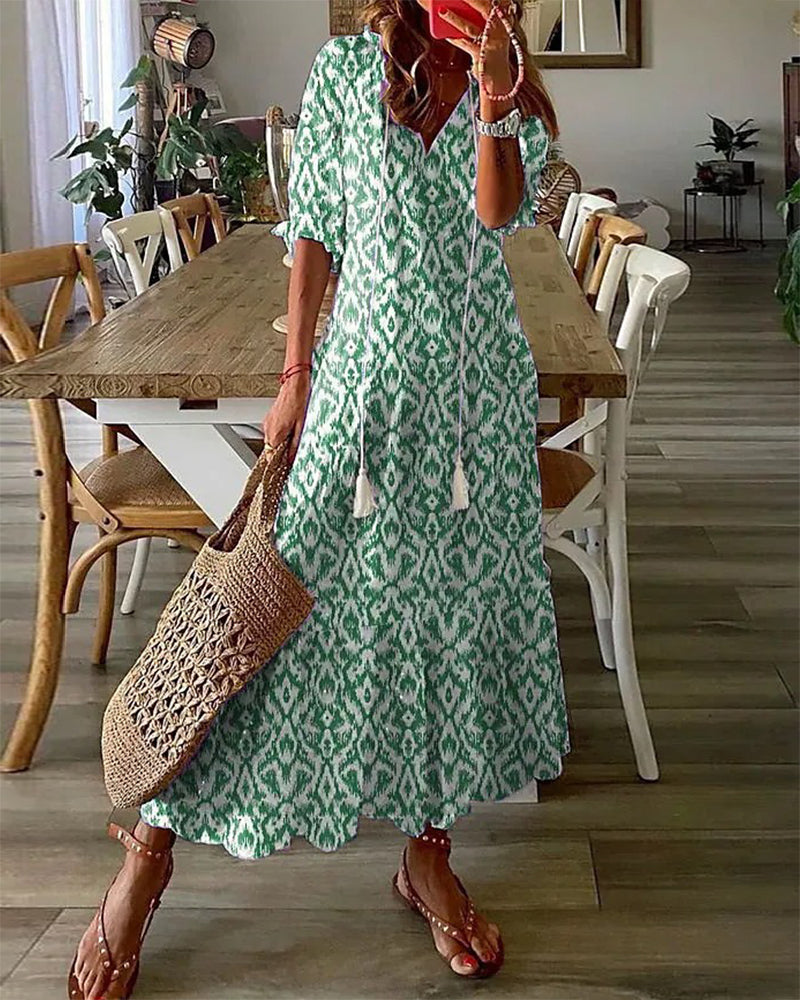 Abito Maxi Donna Scollo a V Stampa Fluida