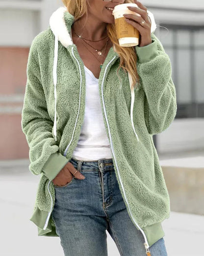 Felpa Donna con Cappuccio in Pile con Zip Calda e Morbida
