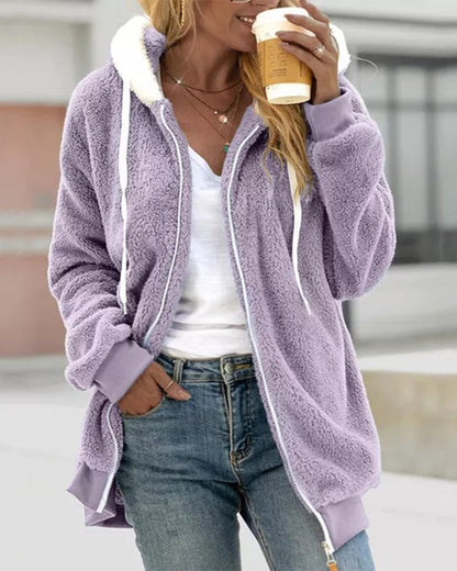 Felpa Donna con Cappuccio in Pile con Zip Calda e Morbida