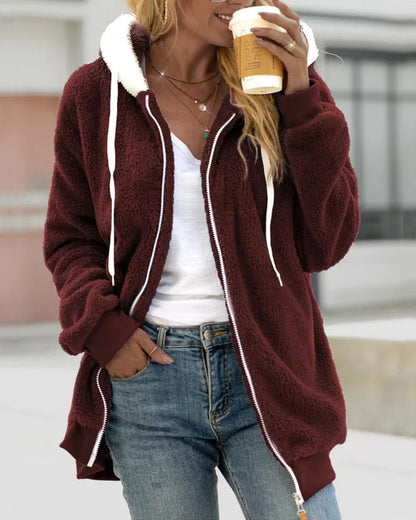 Felpa Donna con Cappuccio in Pile con Zip Calda e Morbida