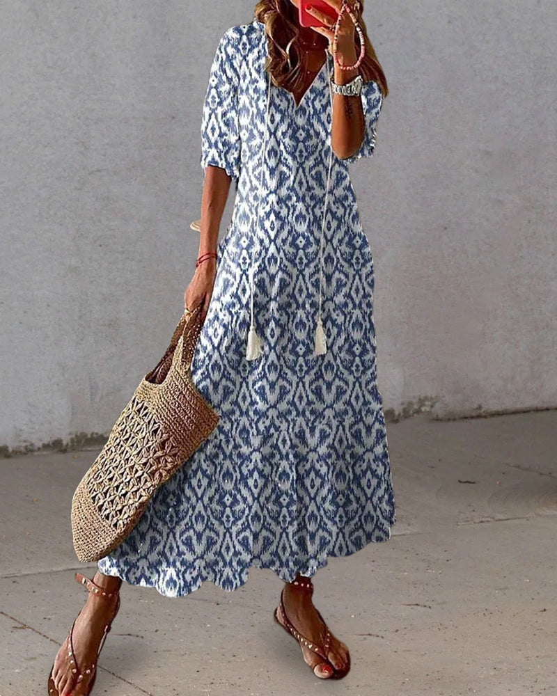 Abito Maxi Donna Scollo a V Stampa Fluida