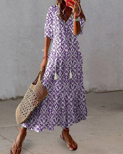 Abito Maxi Donna Scollo a V Stampa Fluida