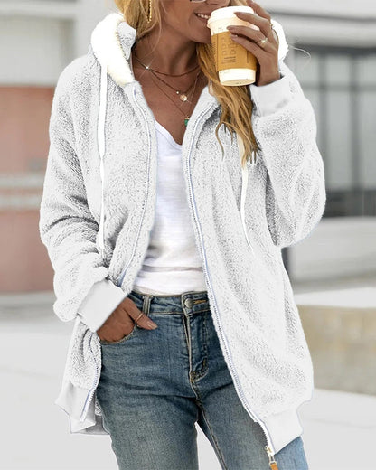 Felpa Donna con Cappuccio in Pile con Zip Calda e Morbida