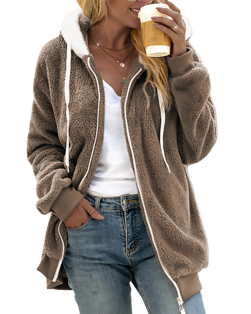 Felpa Donna con Cappuccio in Pile con Zip Calda e Morbida