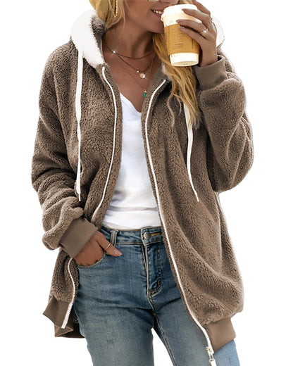 Felpa Donna con Cappuccio in Pile con Zip Calda e Morbida