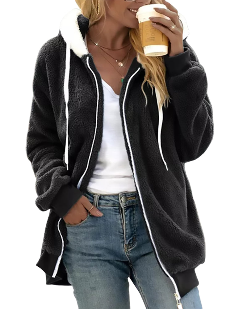 Felpa Donna con Cappuccio in Pile con Zip Calda e Morbida