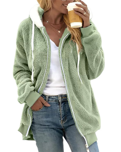Felpa Donna con Cappuccio in Pile con Zip Calda e Morbida