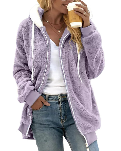 Felpa Donna con Cappuccio in Pile con Zip Calda e Morbida