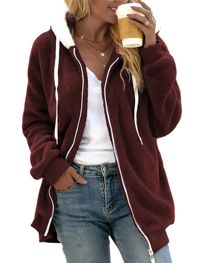 Felpa Donna con Cappuccio in Pile con Zip Calda e Morbida