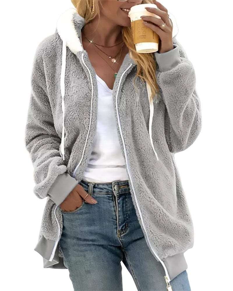 Felpa Donna con Cappuccio in Pile con Zip Calda e Morbida
