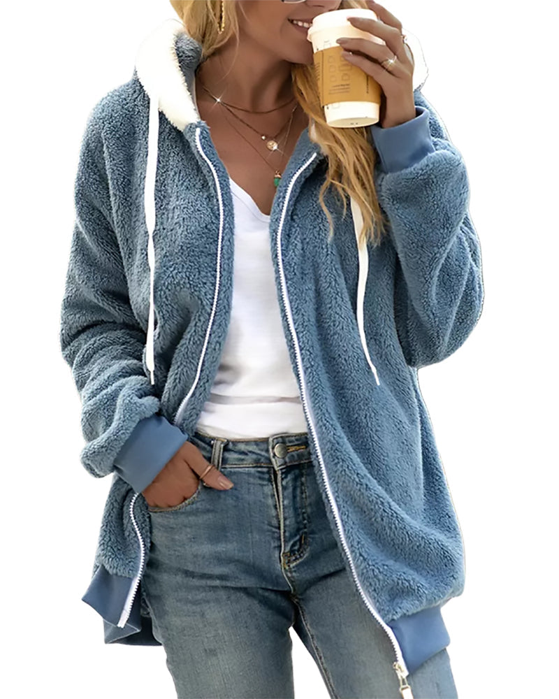 Felpa Donna con Cappuccio in Pile con Zip Calda e Morbida