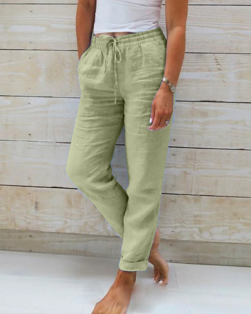 Pantaloni Lino Donna Estivi Casual con Coulisse