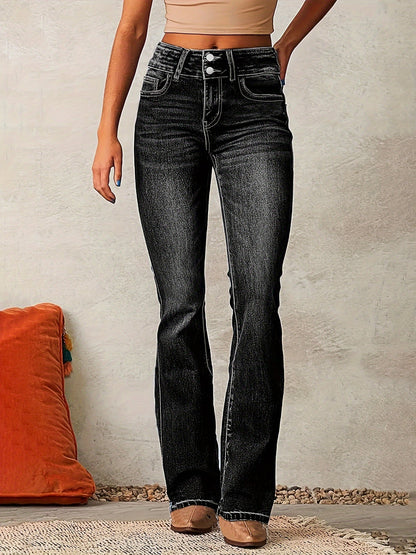 Jeans Donna a Vita Alta con Chiusura Doppio Bottone e Svasati