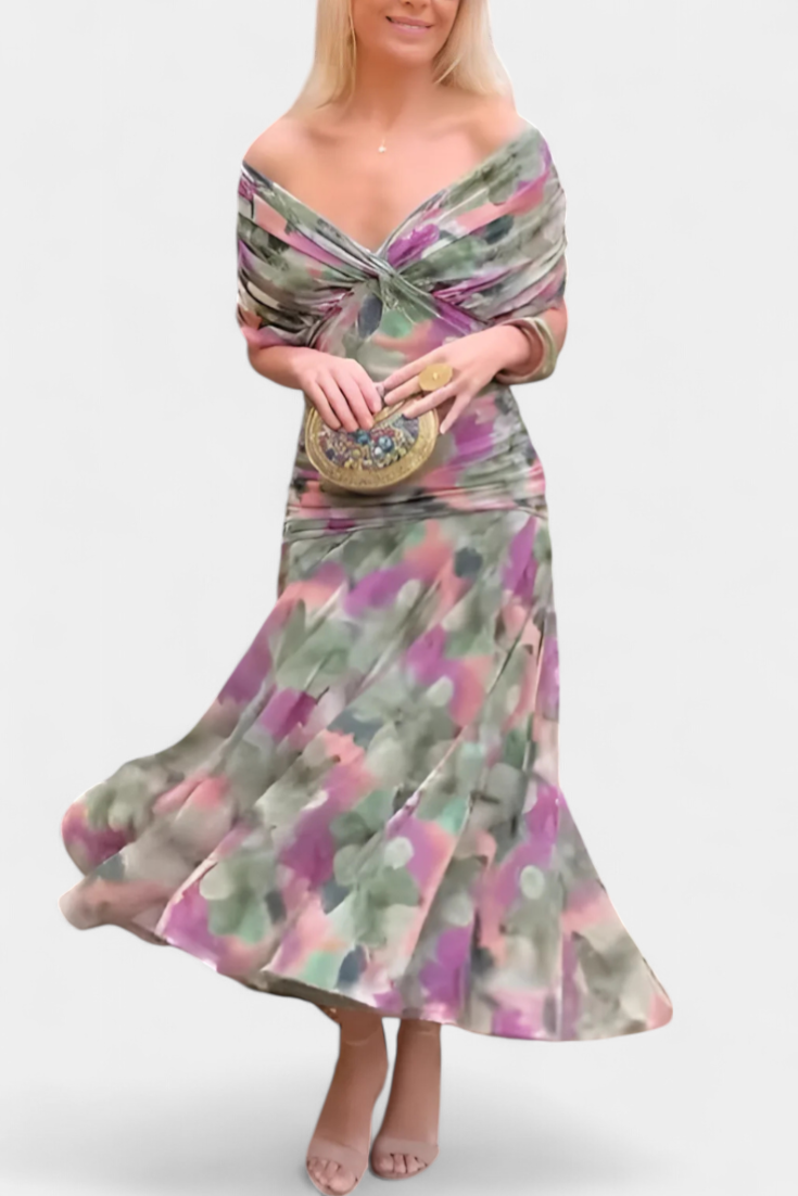 Abito Maxi Donna Spalle Scoperte Tessuto Arricciato