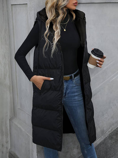 Gilet Lungo Donna con Cappuccio e Chiusura Zip