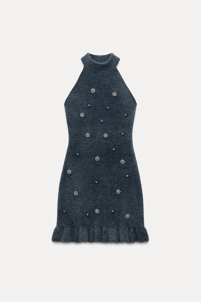 Abito Mini Donna in Maglia con Perline e Svolazzo - Brentozzi
