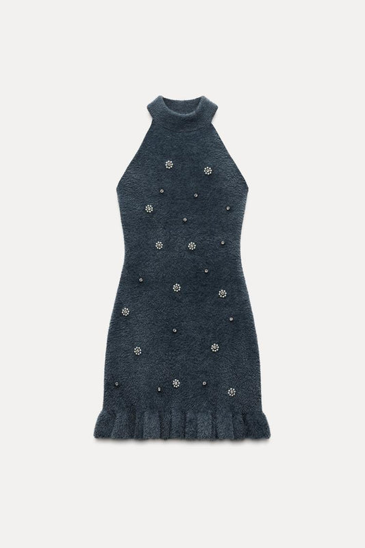 Abito Mini Donna in Maglia con Perline e Svolazzo - Brentozzi