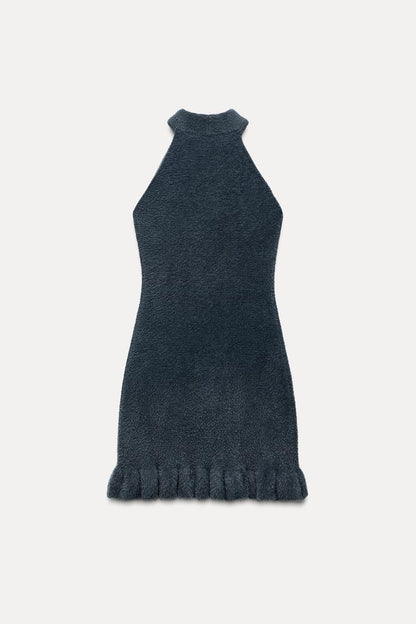 Abito Mini Donna in Maglia con Perline e Svolazzo