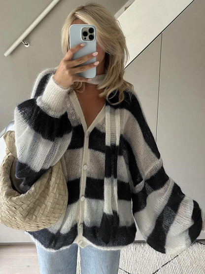 Cardigan Donna in Maglia a Righe Morbido